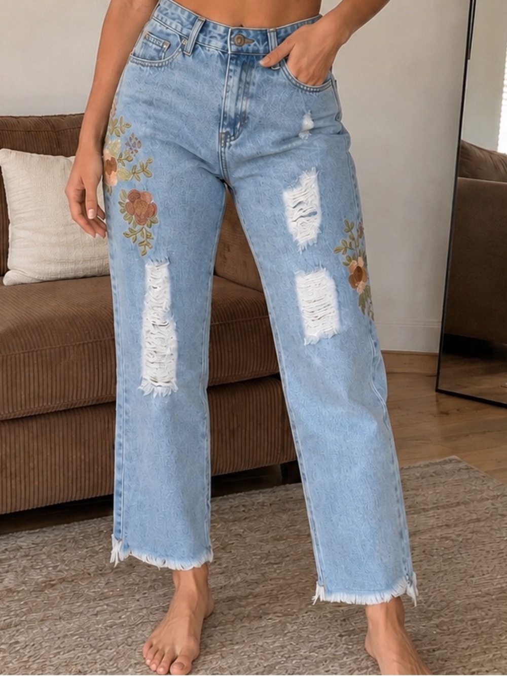 POL Light Blue Straight-Leg Jeans with Floral Embroidery